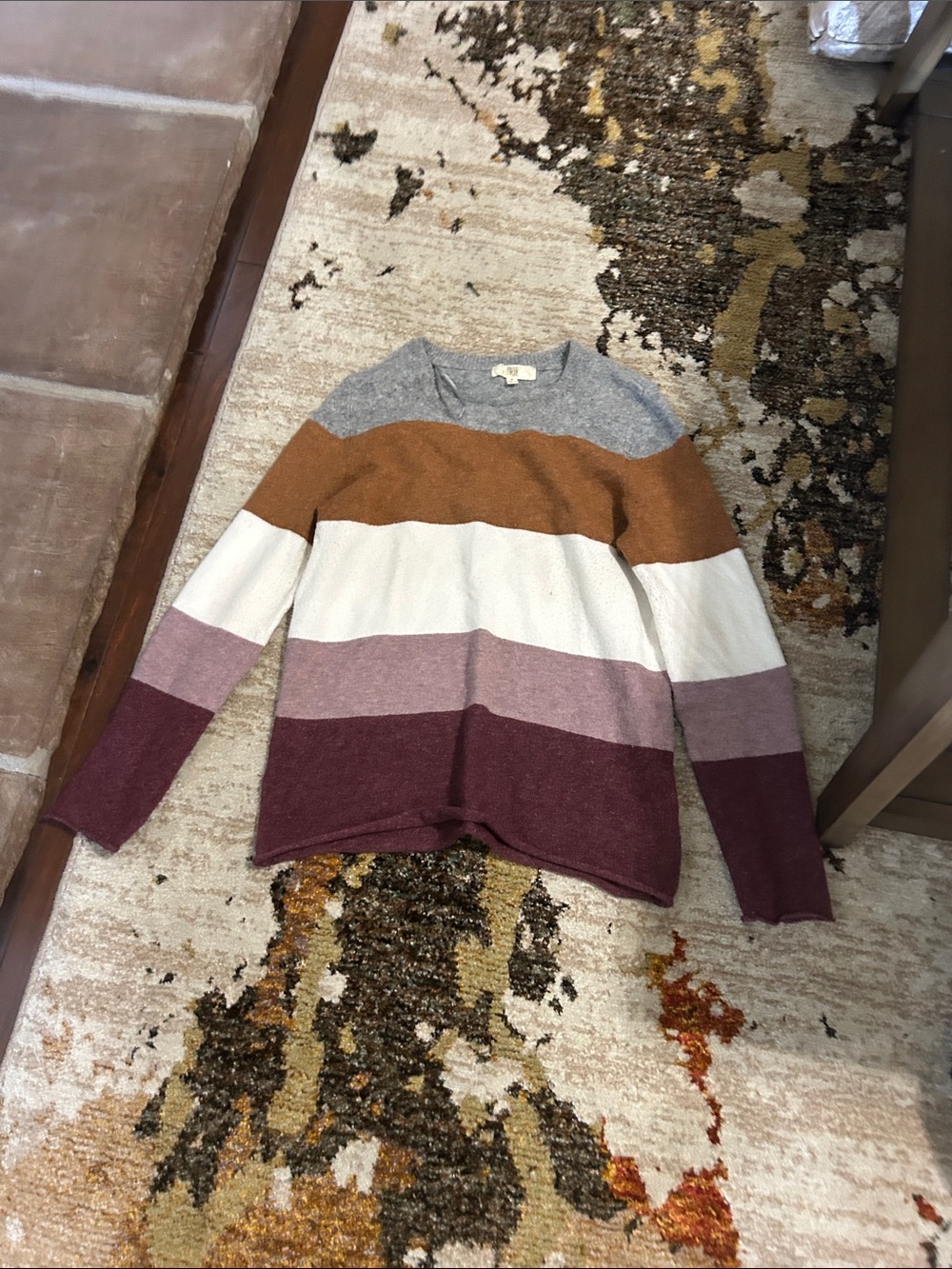 Striped Crewneck Sweater in Gray, Tan, Cream & Burgundy - Women